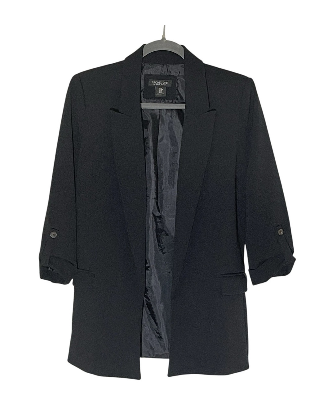 NEW Rachel Zoe Black Chiffon Open Front Jacket Roll Tab Sleeves Pockets sz Med